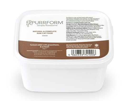 Purrform Senior Farmed Rabbit with Ground Bone & Ox Heart 450g